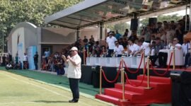 Menteri Pertahanan, Prabowo Subianto meresmikan pembukaan turnamen U-17 Nusantara Open 2023 di Bekasi. (Dok. Tim media Prabowo Subianto)  